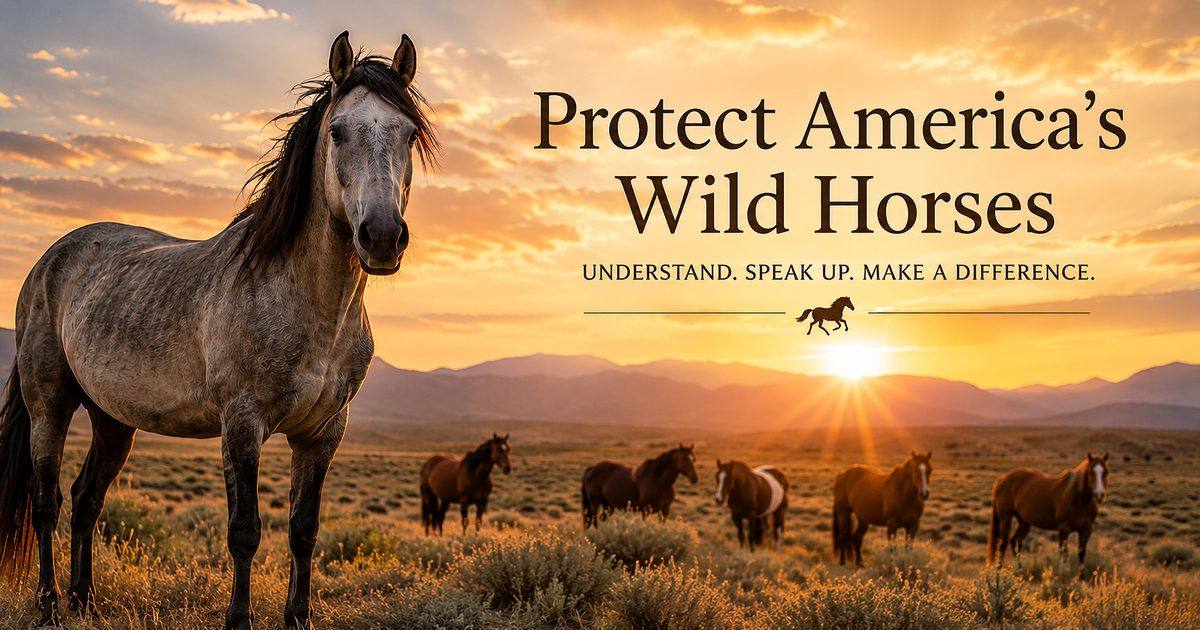 A dappled gray wild horse stands in golden sagebrush at sunset, with a small herd grazing beneath distant mountains.