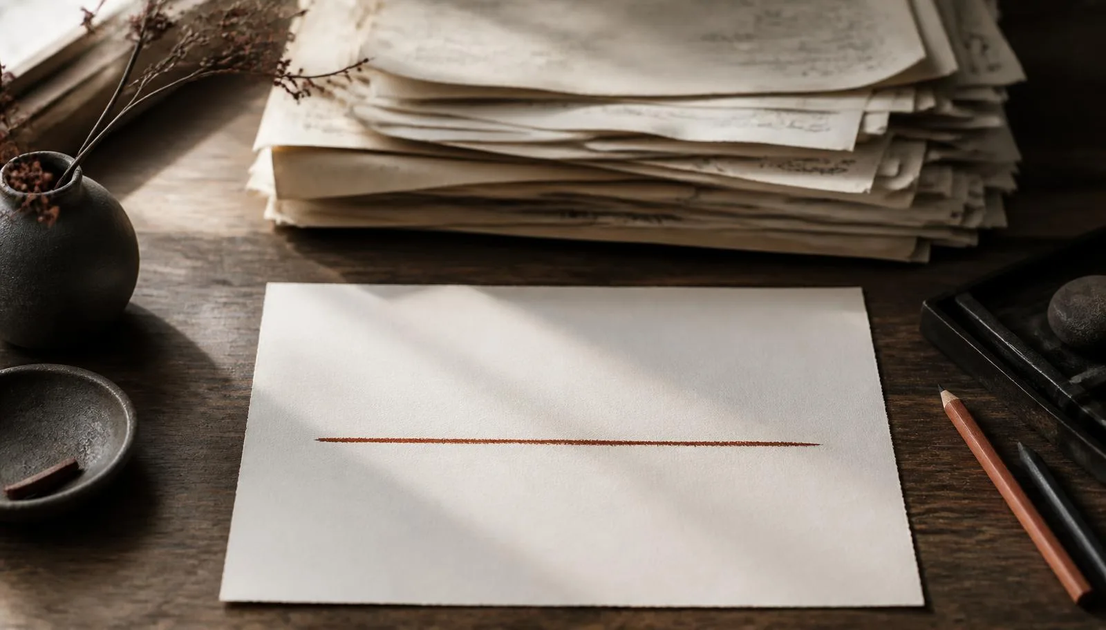 Overhead view of a thick stack of marked-up pages fading into soft focus behind a single clean sheet of paper marked with one decisive rust-colored line.