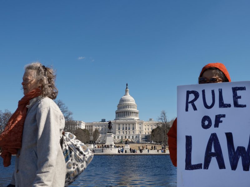 A protester holds a sign that reads "RULE OF LAW" in front of the U.S. Capitol during the 50501 protest in Washington, D.C., on February 17, 2025. Another protester walks past, wrapped in a scarf, highlighting the diverse group of demonstrators at the event. Photo by Chance Clark.